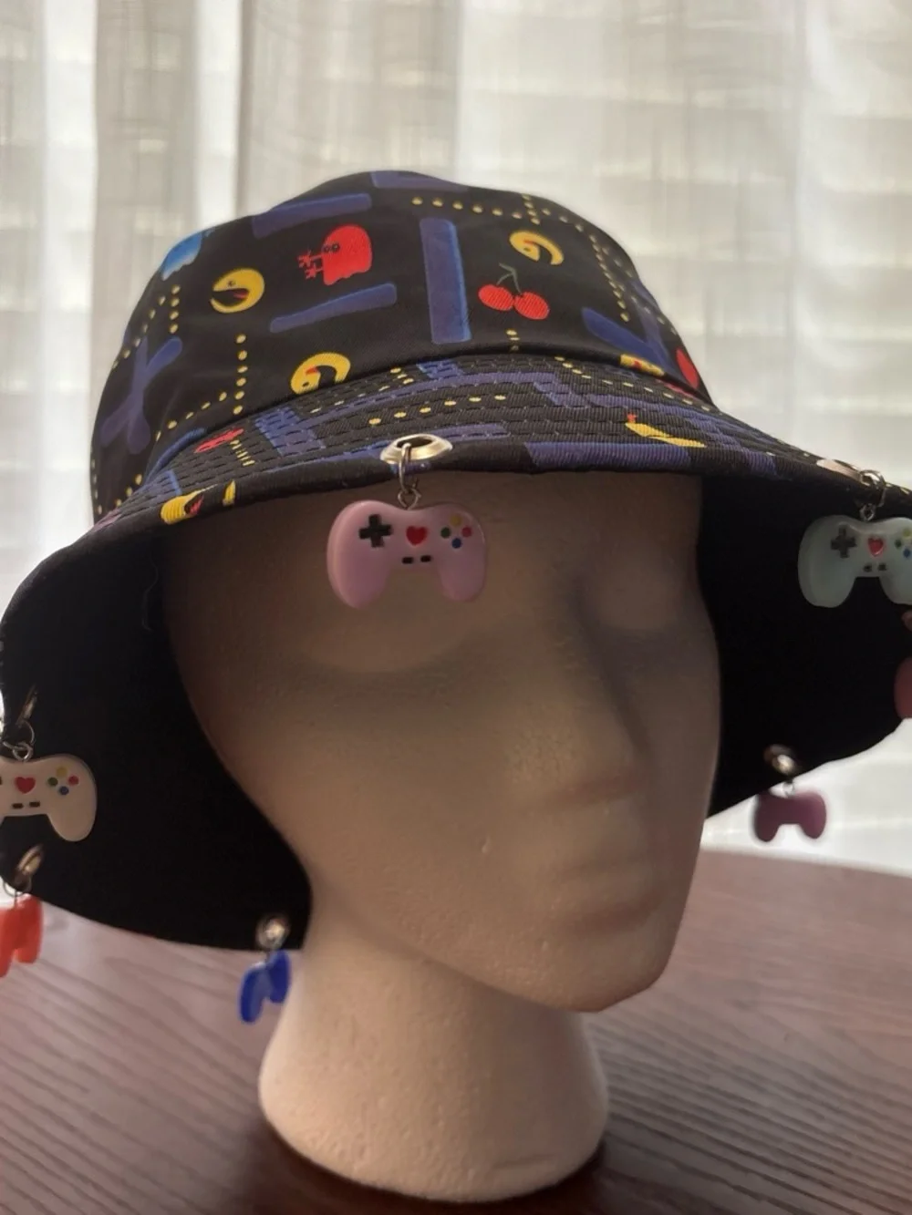 Retro Arcade Black Bucket Hat with Pink & Mint Gamepad Charms